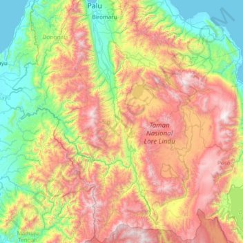 Mapa topográfico Sigi Regency, altitud, relieve