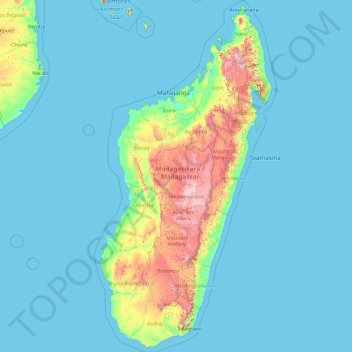 Mapa topográfico Madagaskar, altitud, relieve