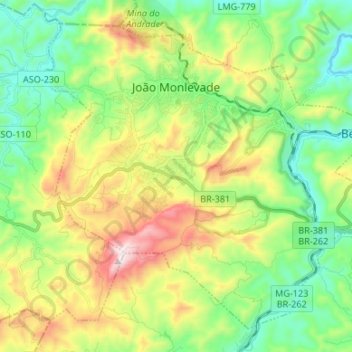 Mapa topográfico João Monlevade, altitud, relieve
