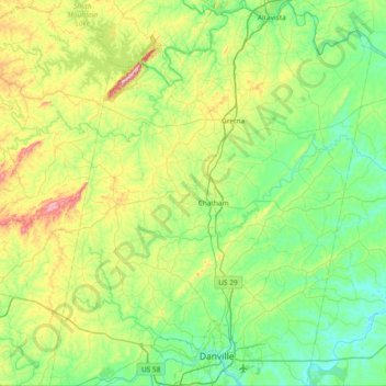Mapa topográfico Pittsylvania County, altitud, relieve