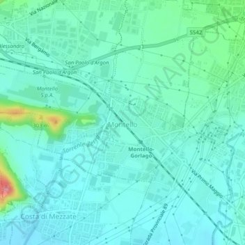 Mapa topográfico Montello, altitud, relieve