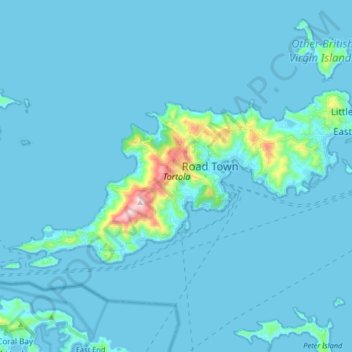 Mapa topográfico Tortola, altitud, relieve