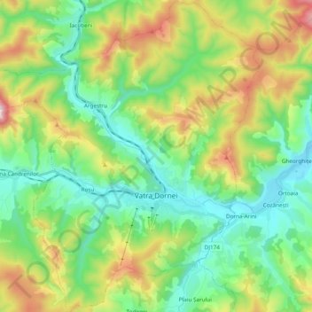Mapa topográfico Dorna-Watra, altitud, relieve