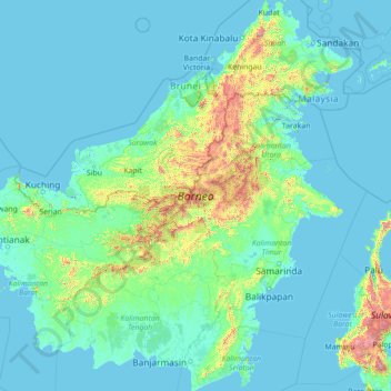 Mapa topográfico Borneo, altitud, relieve