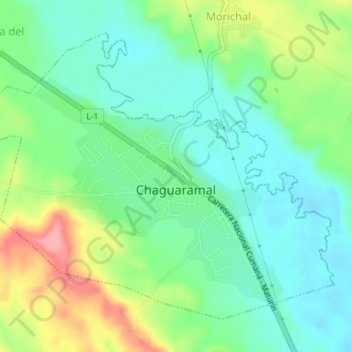 Mapa topográfico Chaguaramal, altitud, relieve