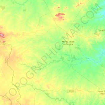 Mapa topográfico Monte Alegre de Sergipe, altitud, relieve