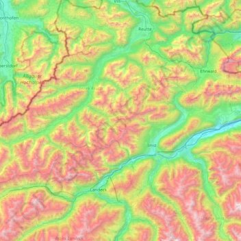 Mapa topográfico Lechtal Alps, altitud, relieve