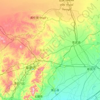 Mapa topográfico 阜新市, altitud, relieve