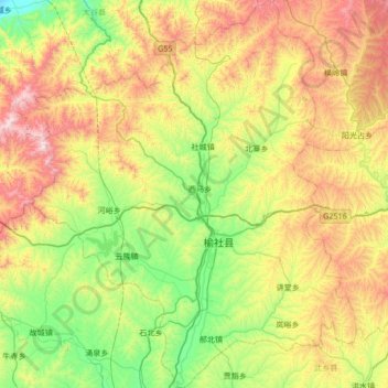 Mapa topográfico 榆社县, altitud, relieve