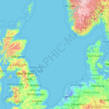 Mapa topográfico Mar del Norte, altitud, relieve