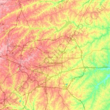 Mapa topográfico Greensboro, altitud, relieve