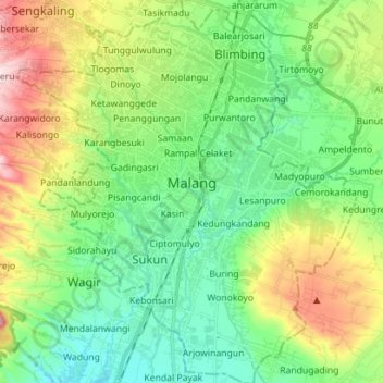 Mapa topográfico Malang, altitud, relieve
