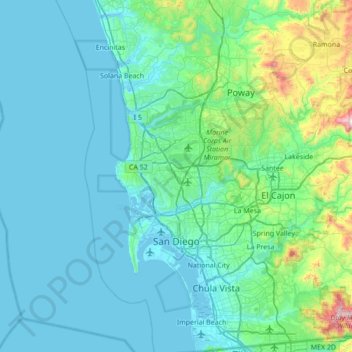 Mapa topográfico San Diego, altitud, relieve