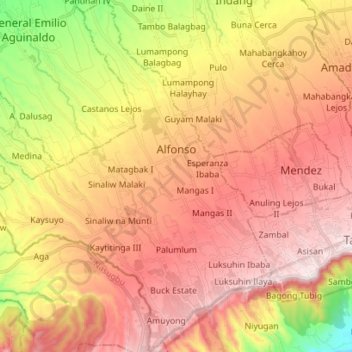 Mapa topográfico Alfonso, altitud, relieve