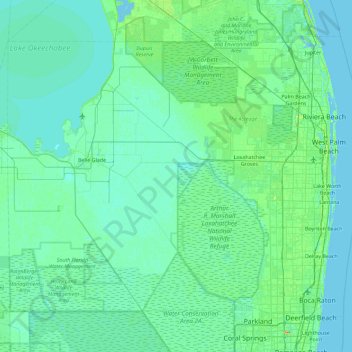 Mapa topográfico Palm Beach County, altitud, relieve
