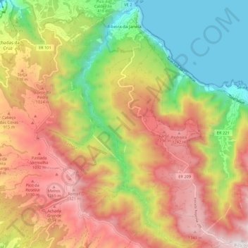 Mapa topográfico Ribeira da Janela, altitud, relieve