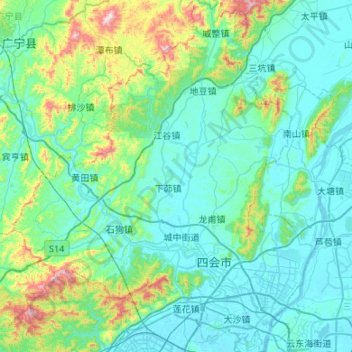 Mapa topográfico 四会市, altitud, relieve