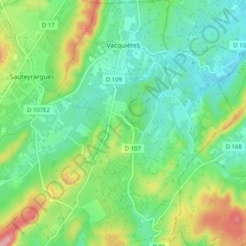 Mapa topográfico Vacquières, altitud, relieve