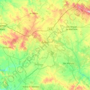 Mapa topográfico Évora, altitud, relieve