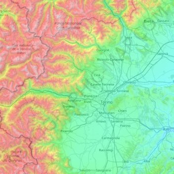 Mapa topográfico Turin, altitud, relieve