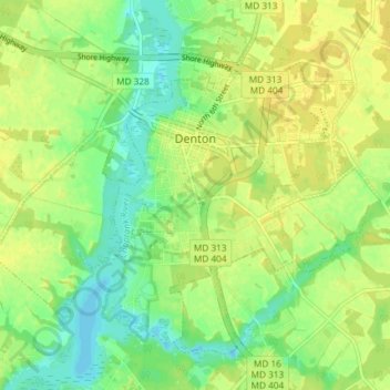 Mapa topográfico Denton, altitud, relieve