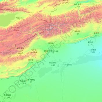 Mapa topográfico Aksu Prefecture, altitud, relieve