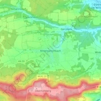 Mapa topográfico Mitteleschenbach, altitud, relieve