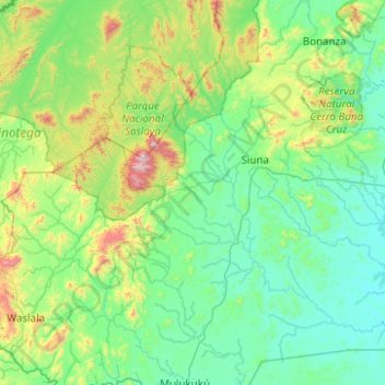 Mapa topográfico Siuna, altitud, relieve