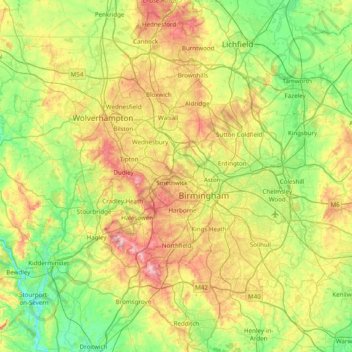 Mapa topográfico West Midlands, altitud, relieve