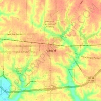 Mapa topográfico Fairfield, altitud, relieve