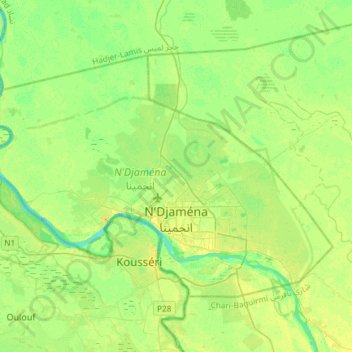Mapa topográfico Yamena, altitud, relieve