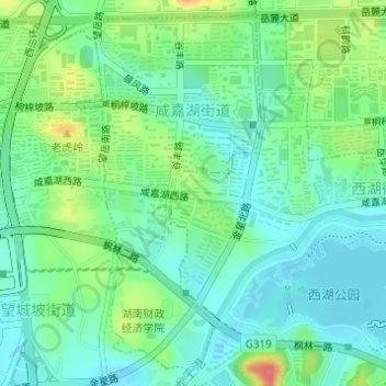 Mapa topográfico 咸嘉湖街道, altitud, relieve