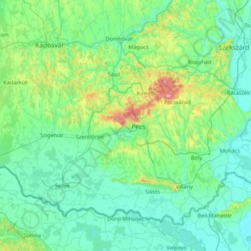 Mapa topográfico Baranya vármegye, altitud, relieve