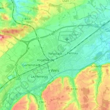 Mapa topográfico Wels, altitud, relieve