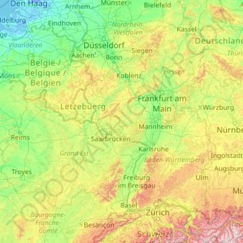 Mapa topográfico Rhine, altitud, relieve