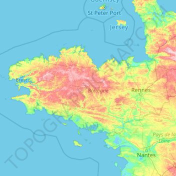 Mapa topográfico Bretaña, altitud, relieve
