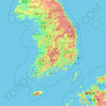Mapa topográfico Corea del Sur, altitud, relieve