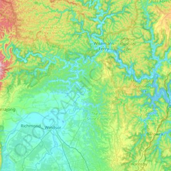 Mapa topográfico Hawkesbury River, altitud, relieve