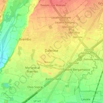 Mapa topográfico Dalmine, altitud, relieve