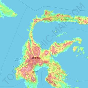 Mapa topográfico Célebes Central, altitud, relieve
