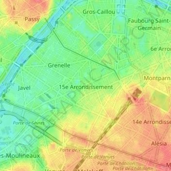 Mapa topográfico Paris 15e Arrondissement, altitud, relieve