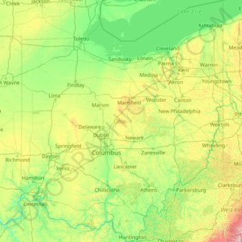 Mapa topográfico Ohio, altitud, relieve