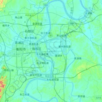 Mapa topográfico 珠晖区, altitud, relieve