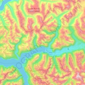 Mapa topográfico Area E (West Bella Coola/Clayton Falls/Tallheo), altitud, relieve
