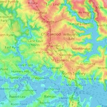 Mapa topográfico 悉尼, altitud, relieve