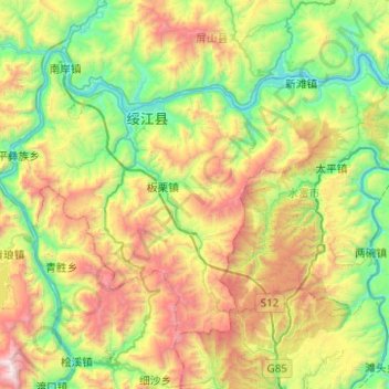 Mapa topográfico 绥江县, altitud, relieve