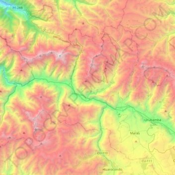 Mapa topográfico Ollantaytambo, altitud, relieve