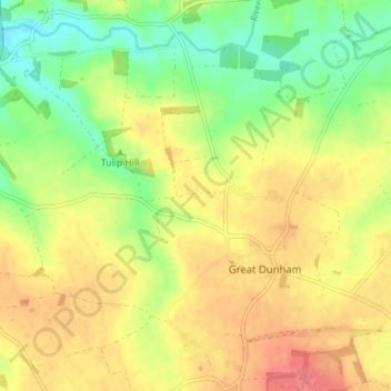 Mapa topográfico Great Dunham, altitud, relieve