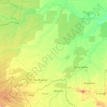 Mapa topográfico Purus River, altitud, relieve