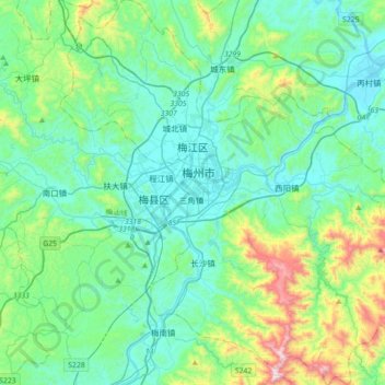 Mapa topográfico 梅江区, altitud, relieve